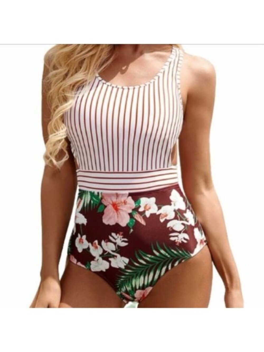Women’s Monokini One Piece Swimsuit Floral Striped Cutout Tie Back Medium